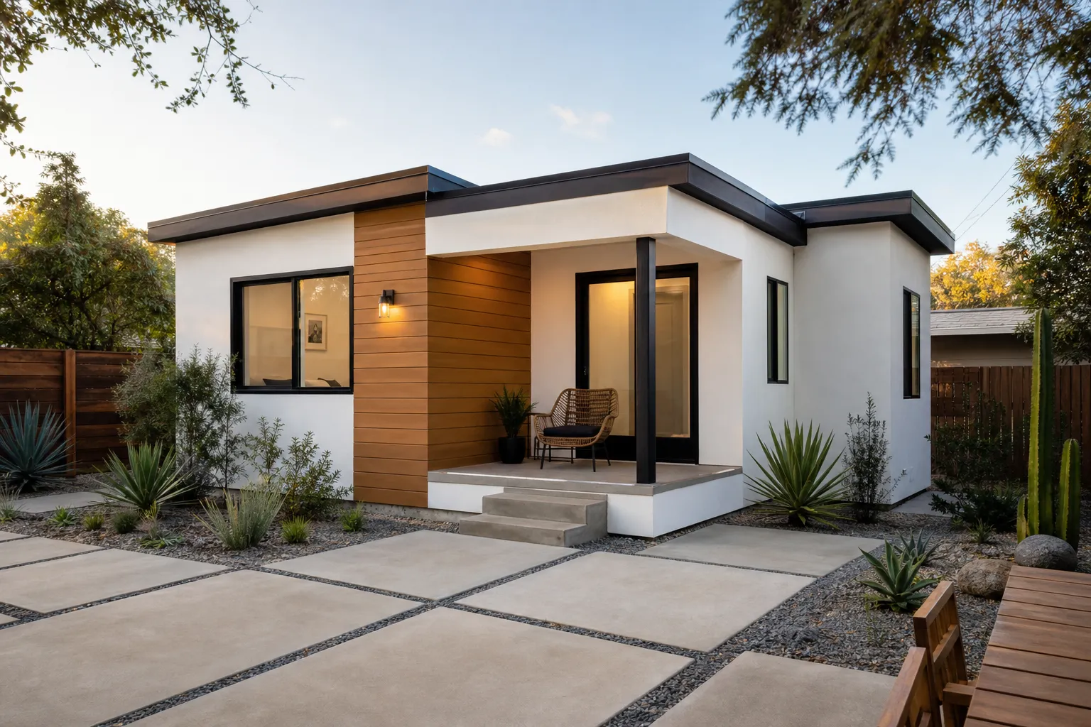 Modern backyard ADU at dusk