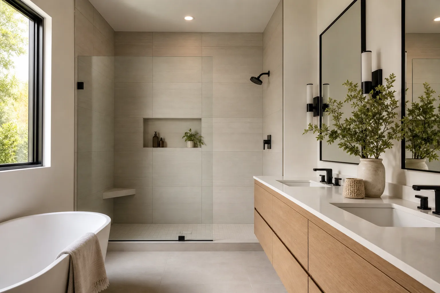 Spa-like bathroom with walk-in shower and oak vanity