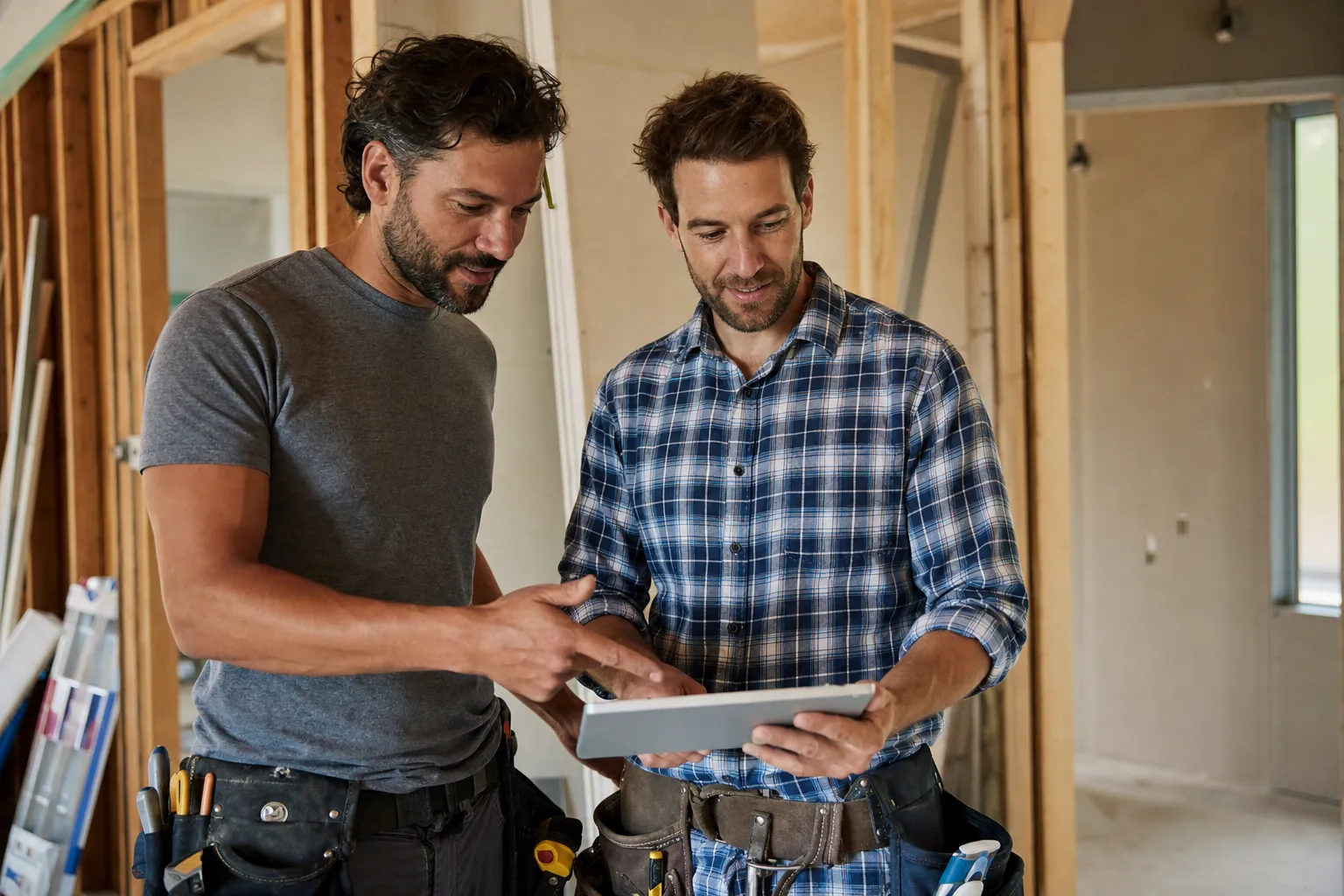 Formix contractors reviewing plans inside a home under renovation
