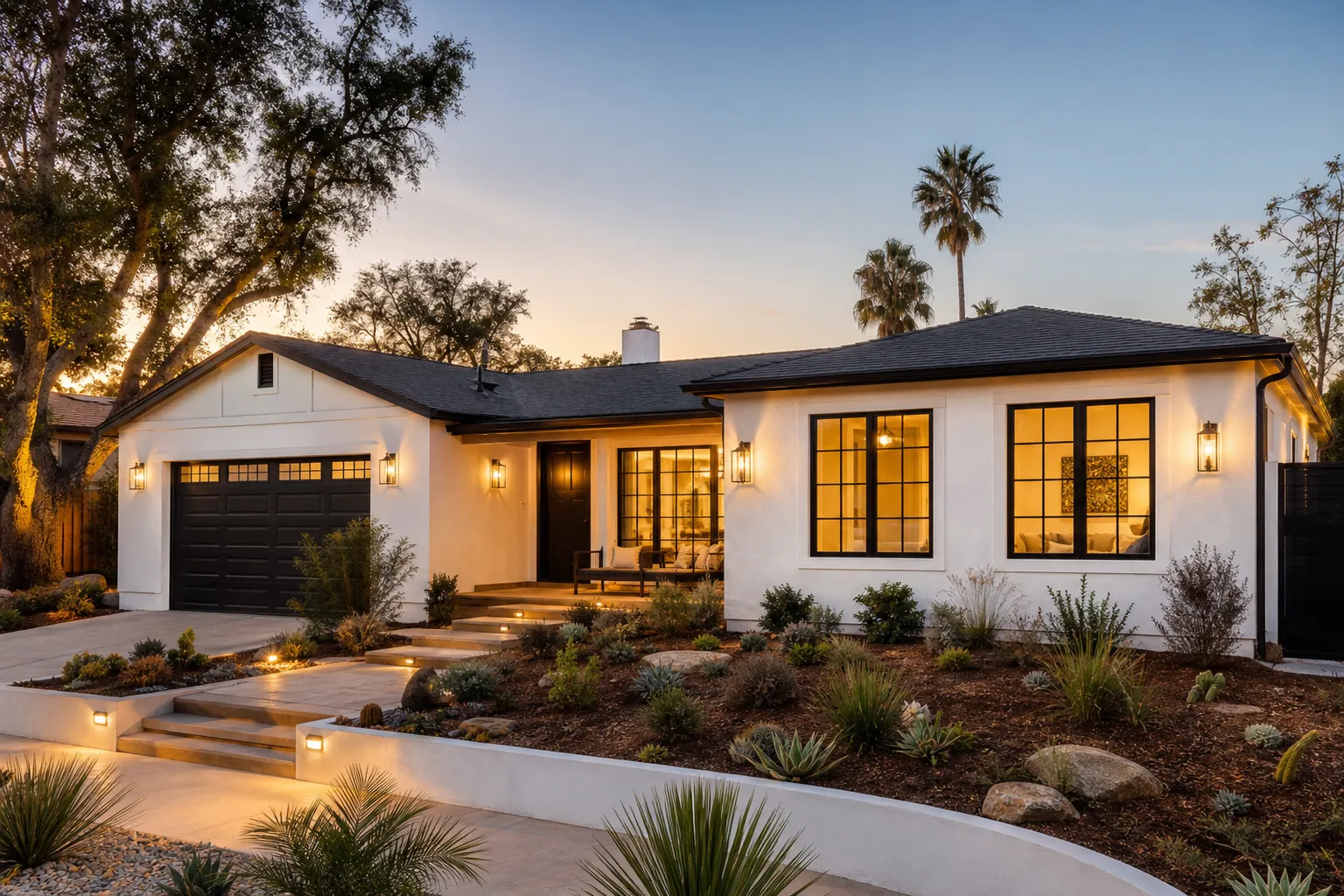 Renovated ranch home exterior with fresh stucco and new roof at dusk
