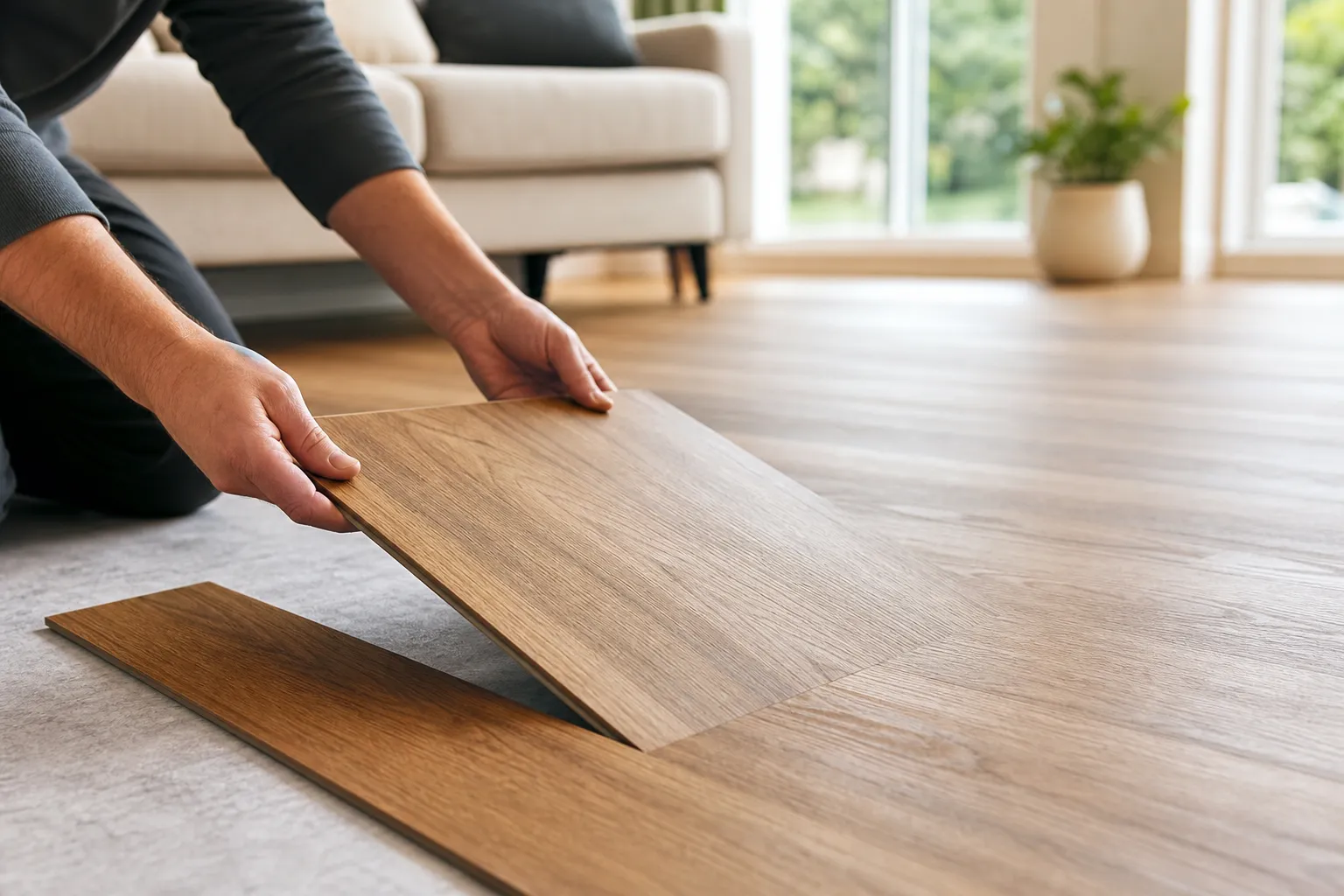 New wood-look plank flooring in a bright living room
