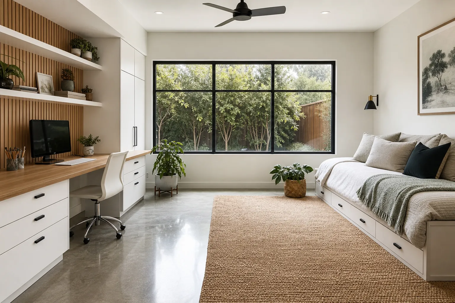 Garage converted into a bright home office and guest studio