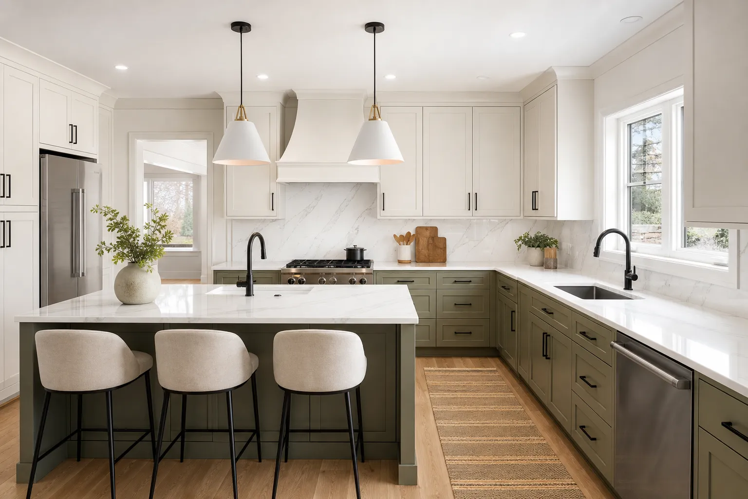 Remodeled kitchen with sage green cabinets