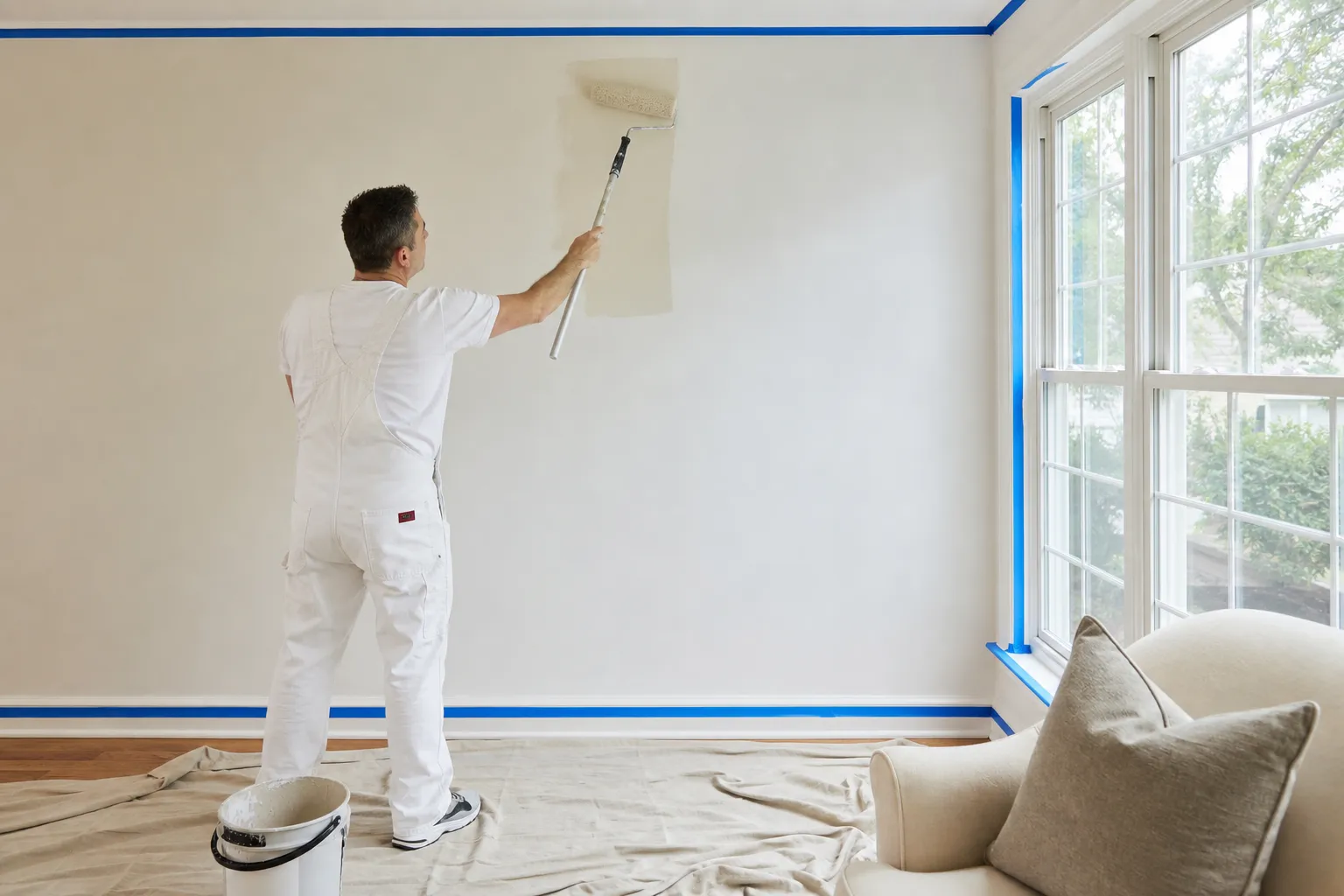 Painter rolling fresh paint onto an interior wall